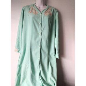Women's Vintage Kayser Seafoam Green Lace Trimmed Button Up Full Robe ~ Size L